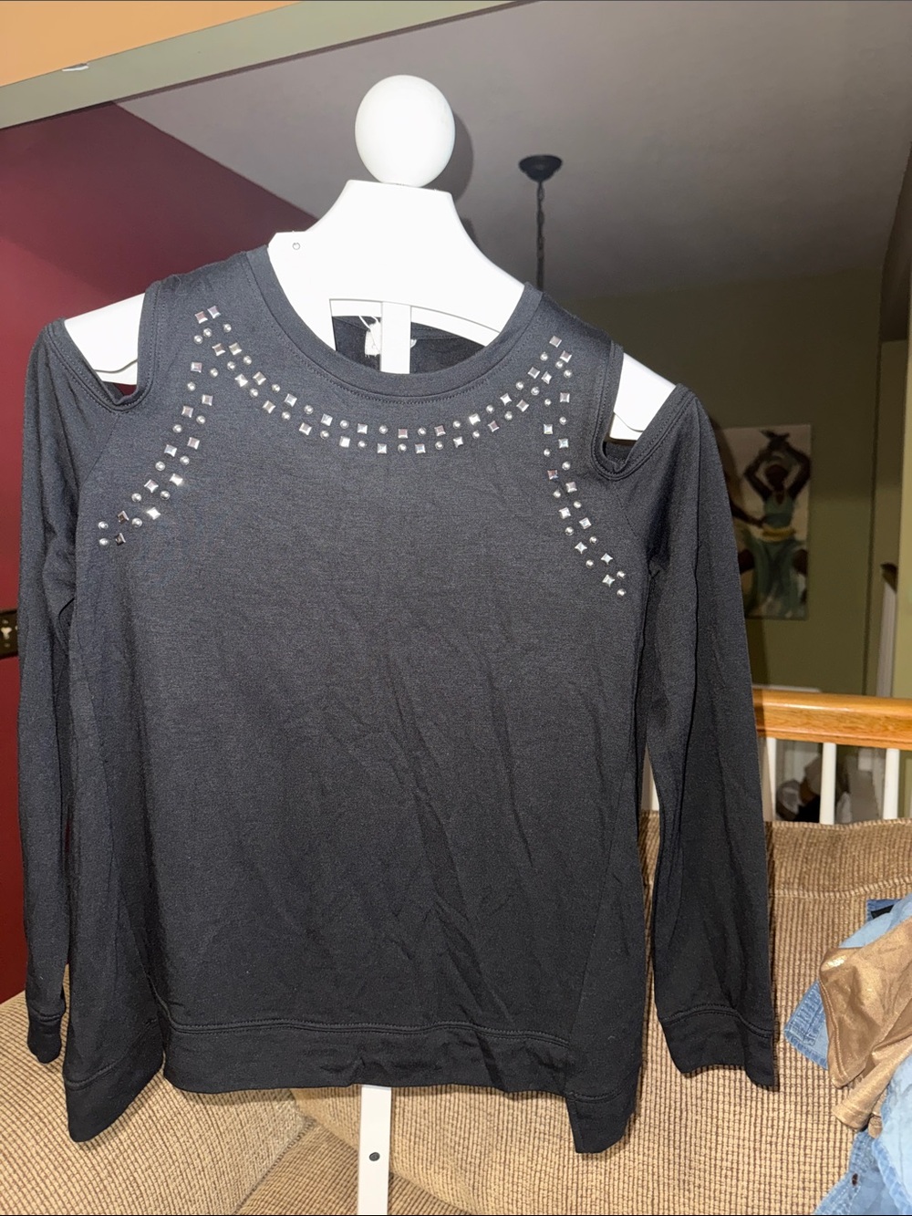 Black Cold-Shoulder Studded Long-Sleeve Top